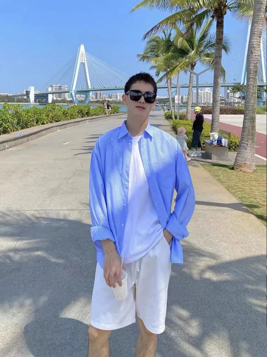 

Summer Thin Loose Casual Stripe Shirt Men's Beach Couples Blue Shirt Anti-Uv Polyester Fiber Standard Fit Long Sleeve Button up