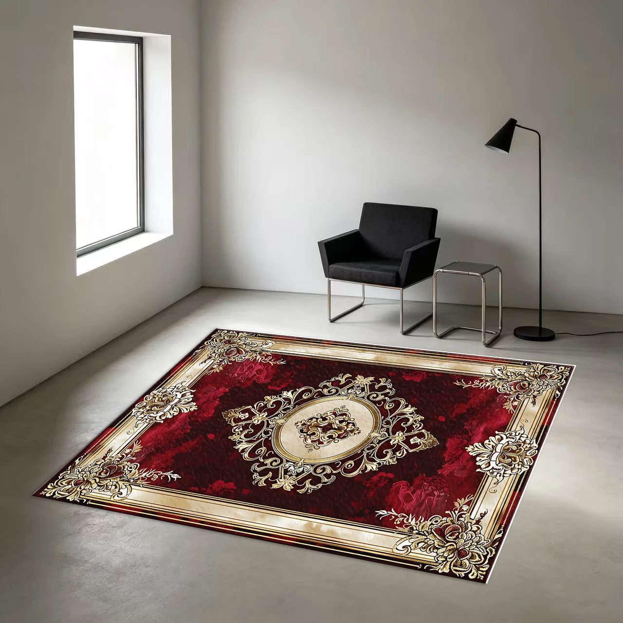 Luxury Baroque Medallion Area Rug Burgundy Gold Ornate Print Floor Carpet for Living Room Bedroom Home Decor