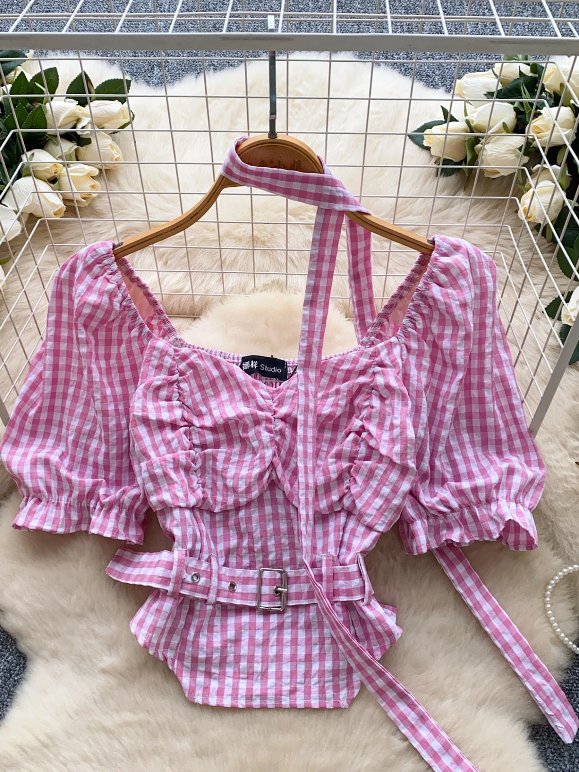 

Summer Faionable Plaid irt Women's ort Top with Waist-Cinching Bow Tie Bubble Sve Square Collar Korean Sle Loose Fit
