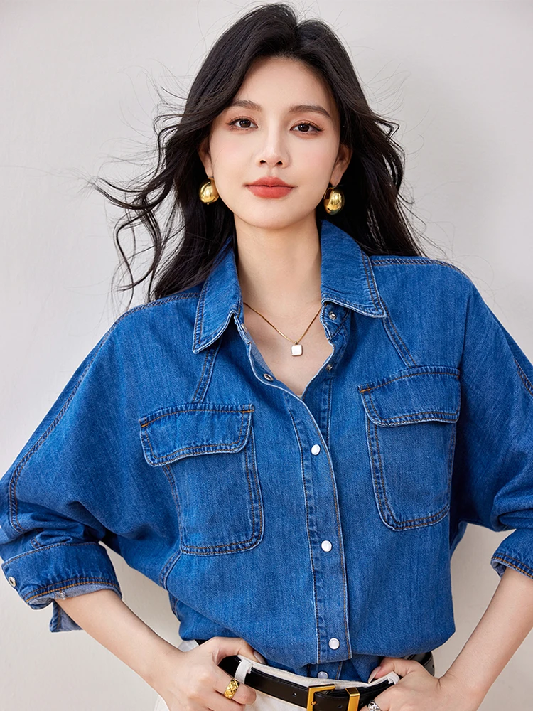 Women Fashion Denim Shirts 2024 Autumn New Harajuku Vintage Jean Blouse Korean Style Long Sleeve Single-breasted Tops