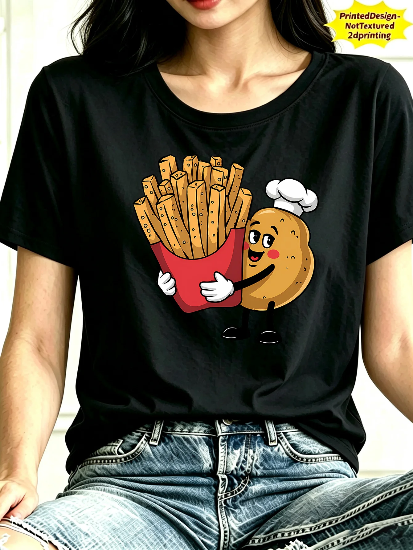Women Crew Neck Tee Potato Chef Fries Graphic Print Short Sleeve Loose Ladies Summer Soft Cotton Plus Size Casual Street Top