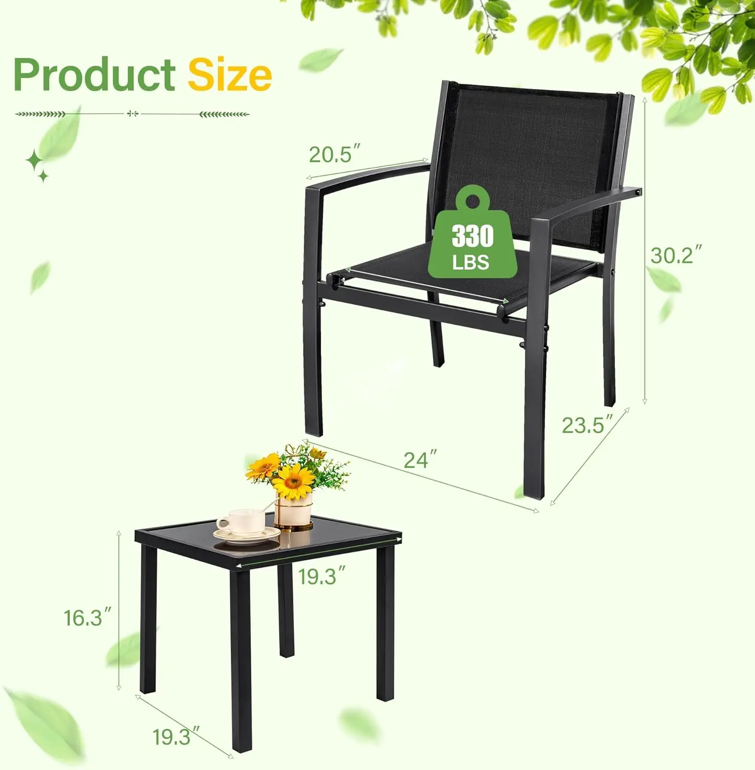 Outdoor Textilene Patio Chair Set with Table, Mobília do pátio, apartamento moderno, varanda Set para quintal, jardim, conjunto de 2, 3 pcs