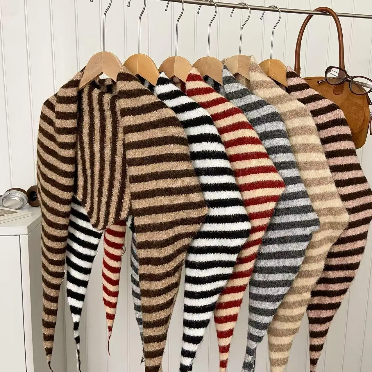 

New Women's Knitted Triangle Scarf Korean Striped Winter Warm Wool Neck Protection Scarf Multi-functional Coldproof Neck Scarf