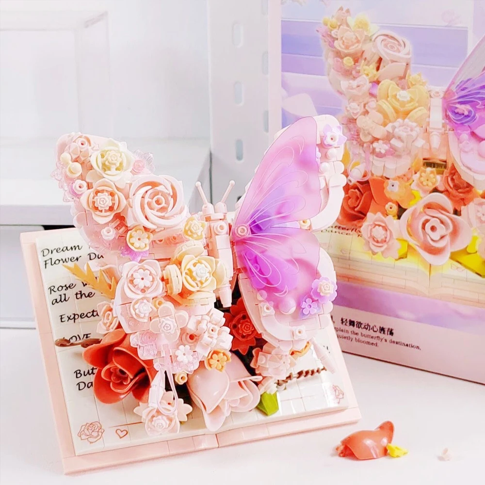 

Flower Butterfly Building Blocks 3D Book Model Romantic Rose Bouquet DIY Mini Particle Building Block Toy for Girl Birthday Gift