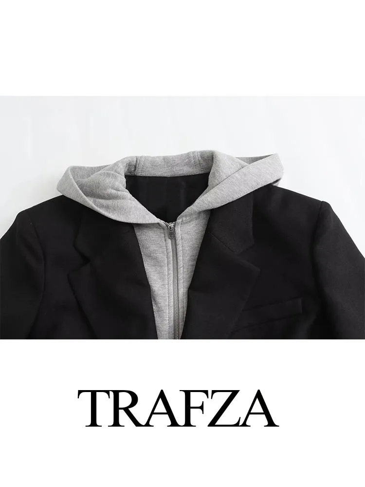 TRAFZA 2024 Blazer con cappuccio Splicing donna monopetto Blazer da ufficio giacche da donna cappotto a maniche lunghe capispalla autunnale