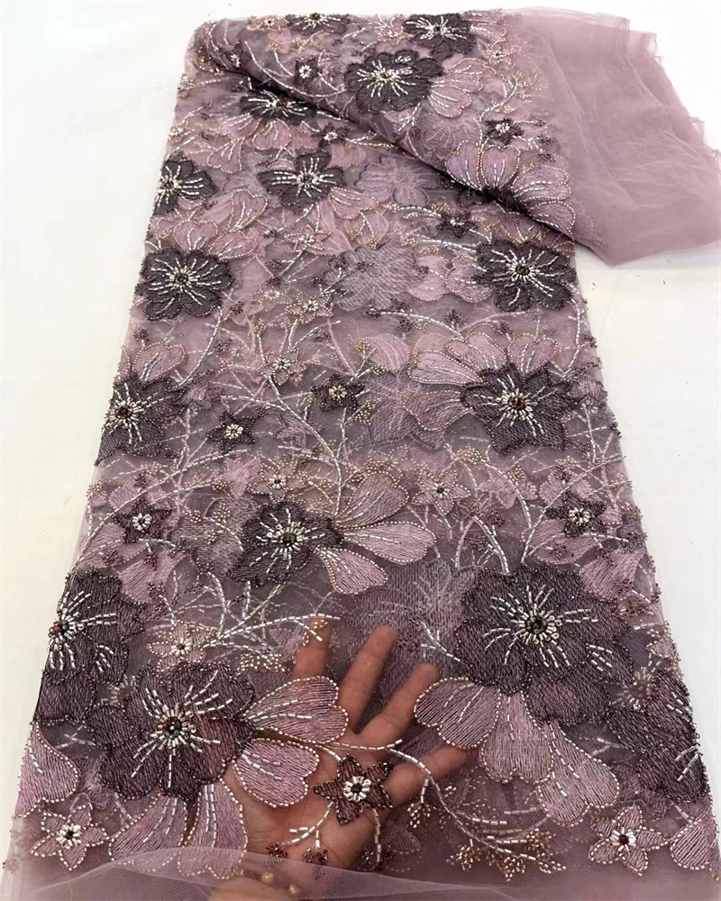 Tela de encaje de tul francés con cuentas africanas, lentejuelas nigerianas de alta calidad con encaje de perlas para costura de vestidos de fiesta, 2025