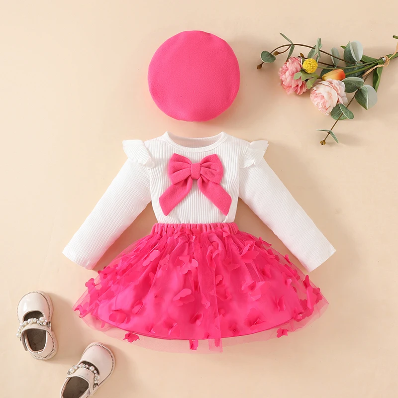 New Year Baby Girls Clothes Set 0-3 Y Big Bow Top Butterfly Mesh Skirt and Beret 3Pcs Toddler Christmas Outfit Trendy Clothing