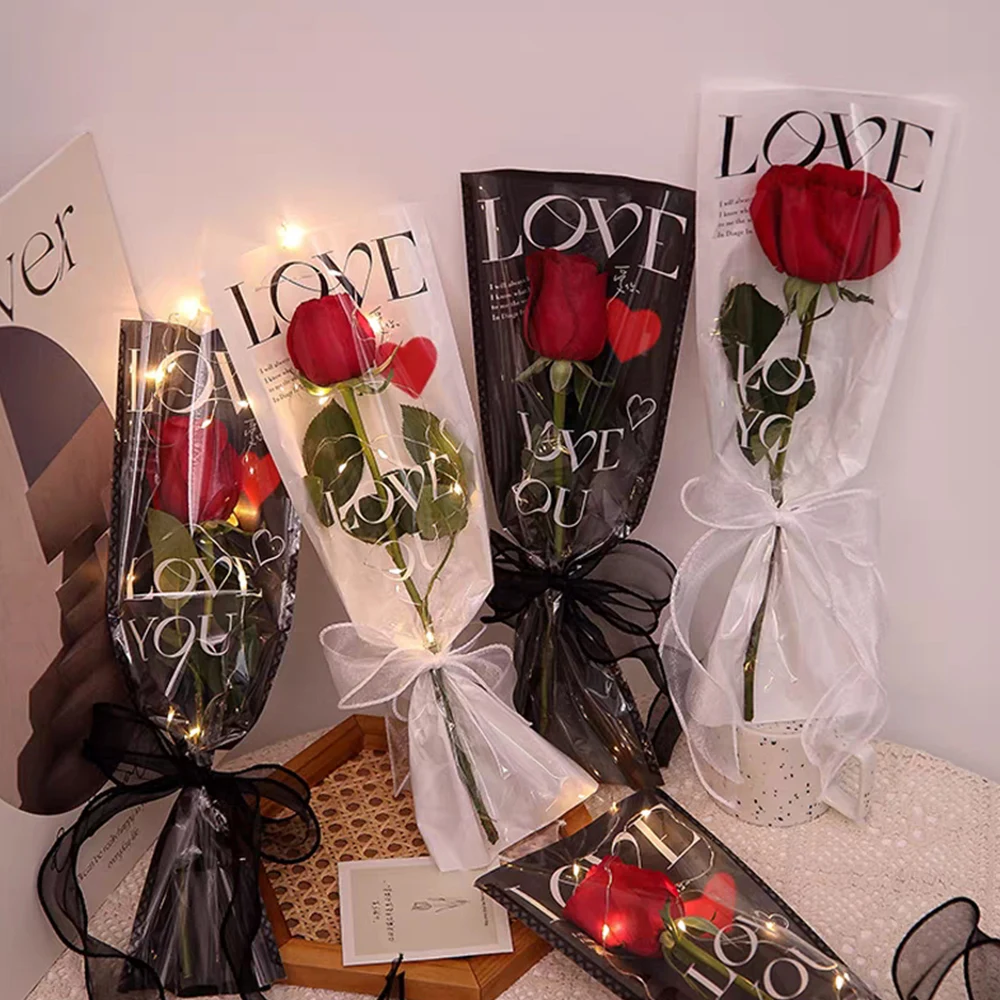 20pcs/bag Single Rose Sleeves One Straight Bag Rose Packaging Bag Floral Wrappers Bouquet Wrapping Paper Gift Love Packaging Bag