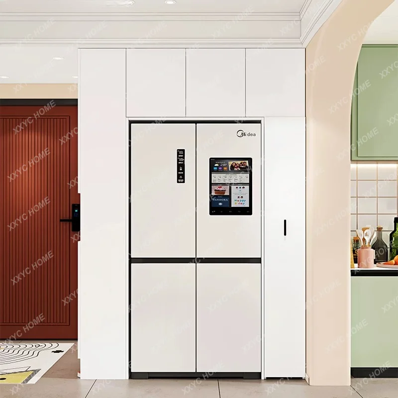 Kitchen shelves, side cabinets, high cabinets, integrated sliding doors against the wall, refrigerator cabinets