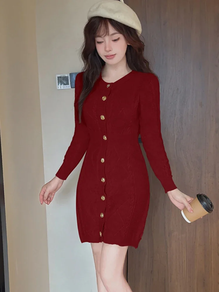 2024 Red Knitted Screw Thread Casual Short Dress Autumn Winter Long Sleeve Sweater Dress Women Korean Elegant Bodycon Prom Dress