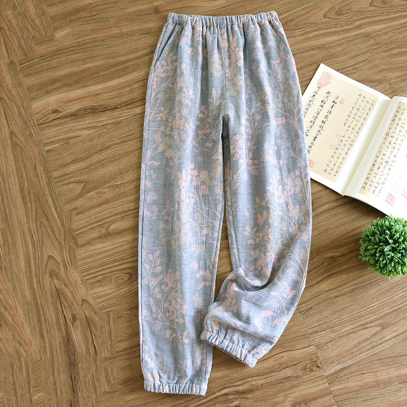 

2025 New Spring & Summer Women's Sleep Pants 100% Pure Cotton Knit Unstructured Flaxen Woven Loose Home Pants Bottoms Lady