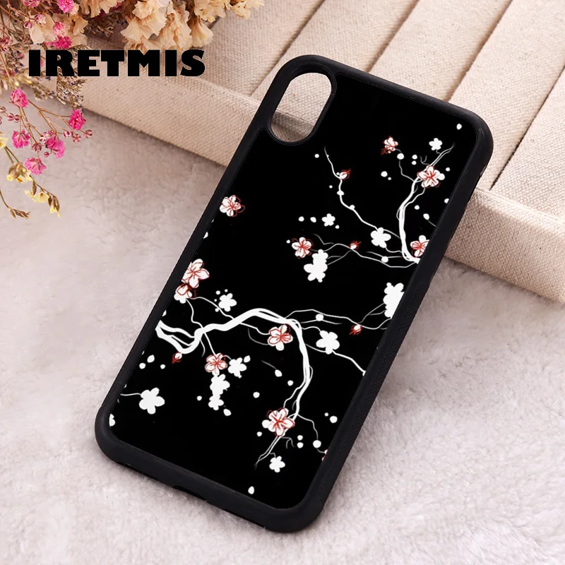 Iretmis Phone Cover Case For iPhone X XS Max XR 11 12 13 PRO MINI 14 15 16 Plus Rubber Silicone black cherry blossom