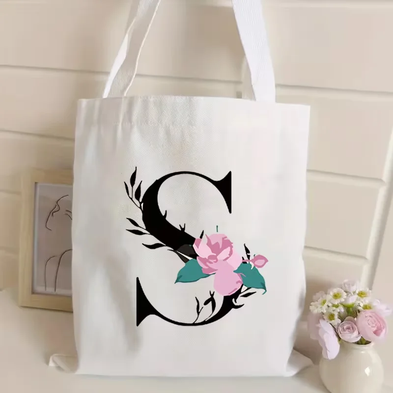 

Letter S Floral Canvas Tote Bag Black Monogram Pink Rose Flower Print Reusable Shoulder Bag Aesthetic Gift Shopping Handbag