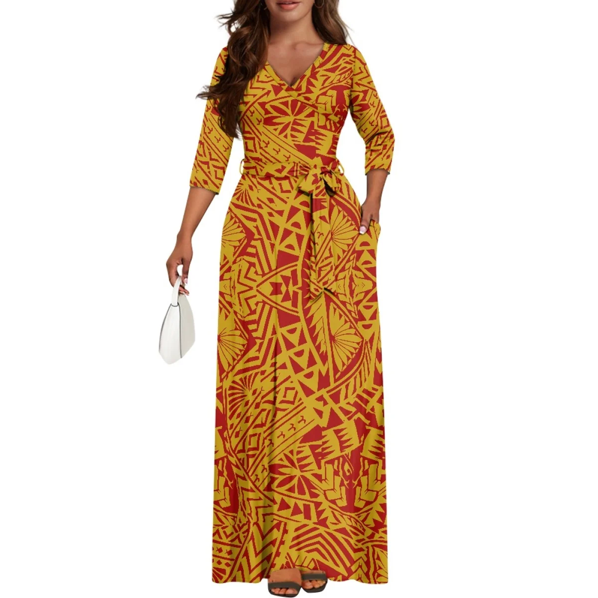 Polynesian Tribal Clothing Fijian Samoa Tapa Women\'s 3/4 Sleeve Floral Print Plus Size Casual Party Maxi Dress With Pocket Belt