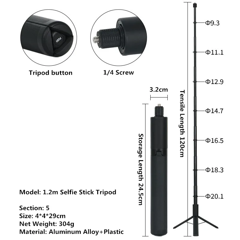 Unsichtbarer Selfie-Stick für GoPro 13 12 11 10 9 8 Insta360 X5 X4 X3 X2 1/4 Zoll verlängerter Einbeinstativstange für Sportkamera-Zubehör