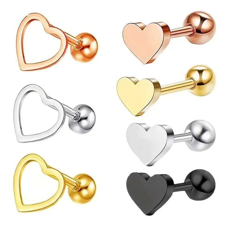 1pc Stainless Steel Love Heart Stud Earrings Ear Piercing Bar Tragus Cartilage Earring Helix Conch Cute Jewelry For Women