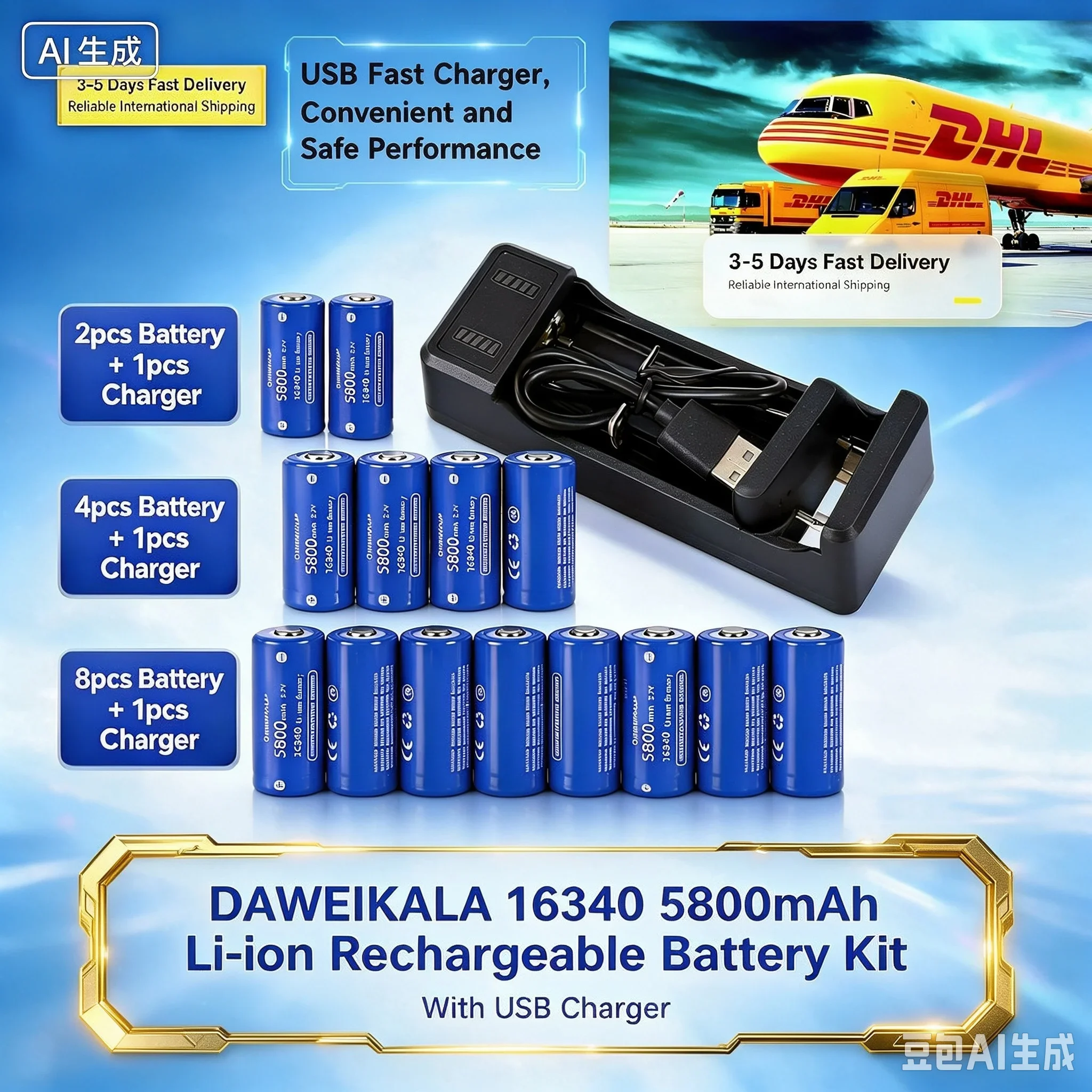 Kit batteria ricaricabile agli ioni di litio Daweikala 16340 5800mAh 3.7V con caricabatterie USB a doppio slot per torcia, lampada frontale, fotocamera, elettronica portatile, batteria di ricambio