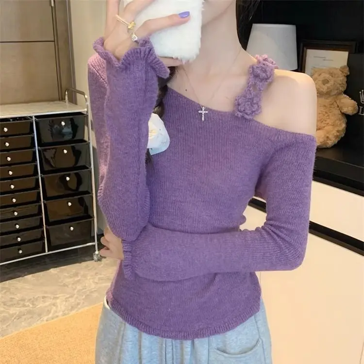 Autumn Winter Sexy Chic Off Shoulder Slimming High Grade Sweater Top Purple Tender Style 3D Crochet Knitwear