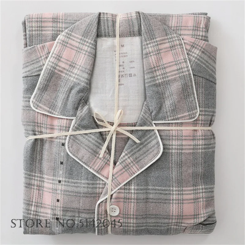 Spring Autumn 100% Cotton Pajamas Set Couple Sleepwear Burgundy Plaid Trouser Suits Nightwear Loose Casual Homewear Loungewear