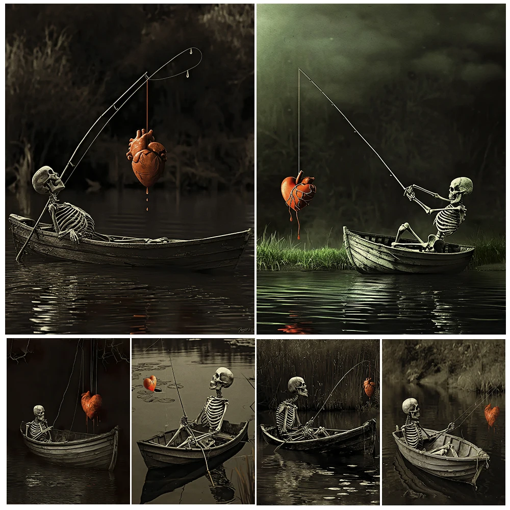 

Skeleton Fishing And Rafting,Gothic Wall Art Canvas Painting,Vintage Skull And Hearts Artwork, Poster Print, Home Decor Unframed
