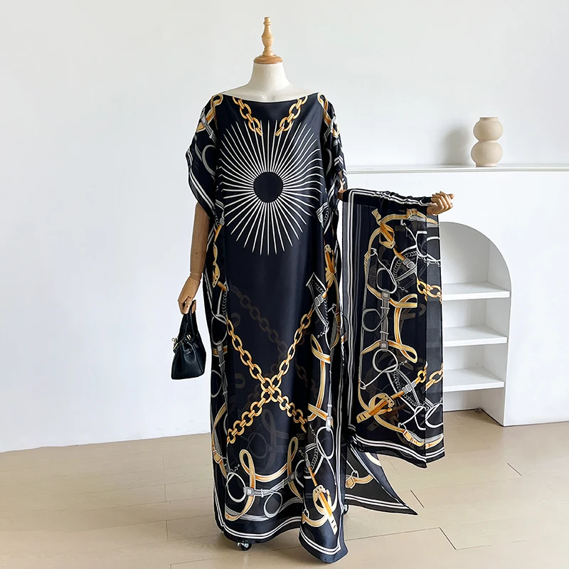 Fashion Summer Print Dress for Women with Big Scarf Loose Abaya Kaftan Turkish Dubai Style Muslim Casual African Paisley Shawl R