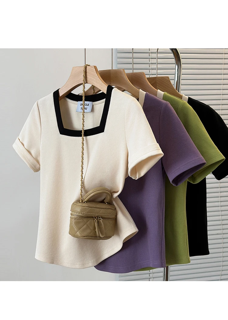 Top damski Plus Size prawdziwy strzał 2024 lato nowa gruba dziewczyna moda wszechstronna kontrastowa kolorowa kwadratowa T-shirt z krótkim rękawem z