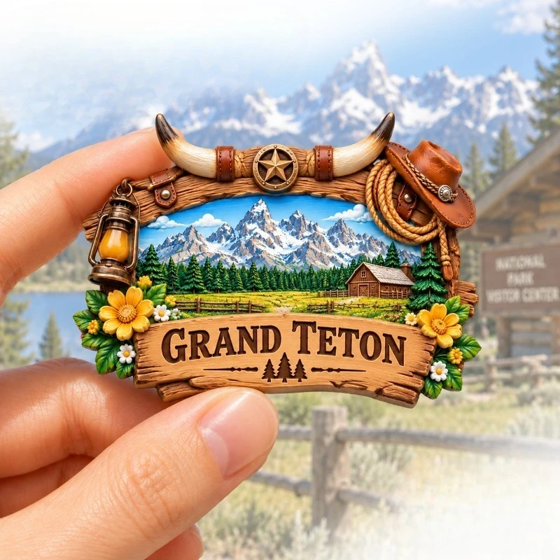 Grand Teton Snow Forest Fridge Magnet - Rugged 3D American Souvenir Unique National Park Gift for Travel & Cabin Decor