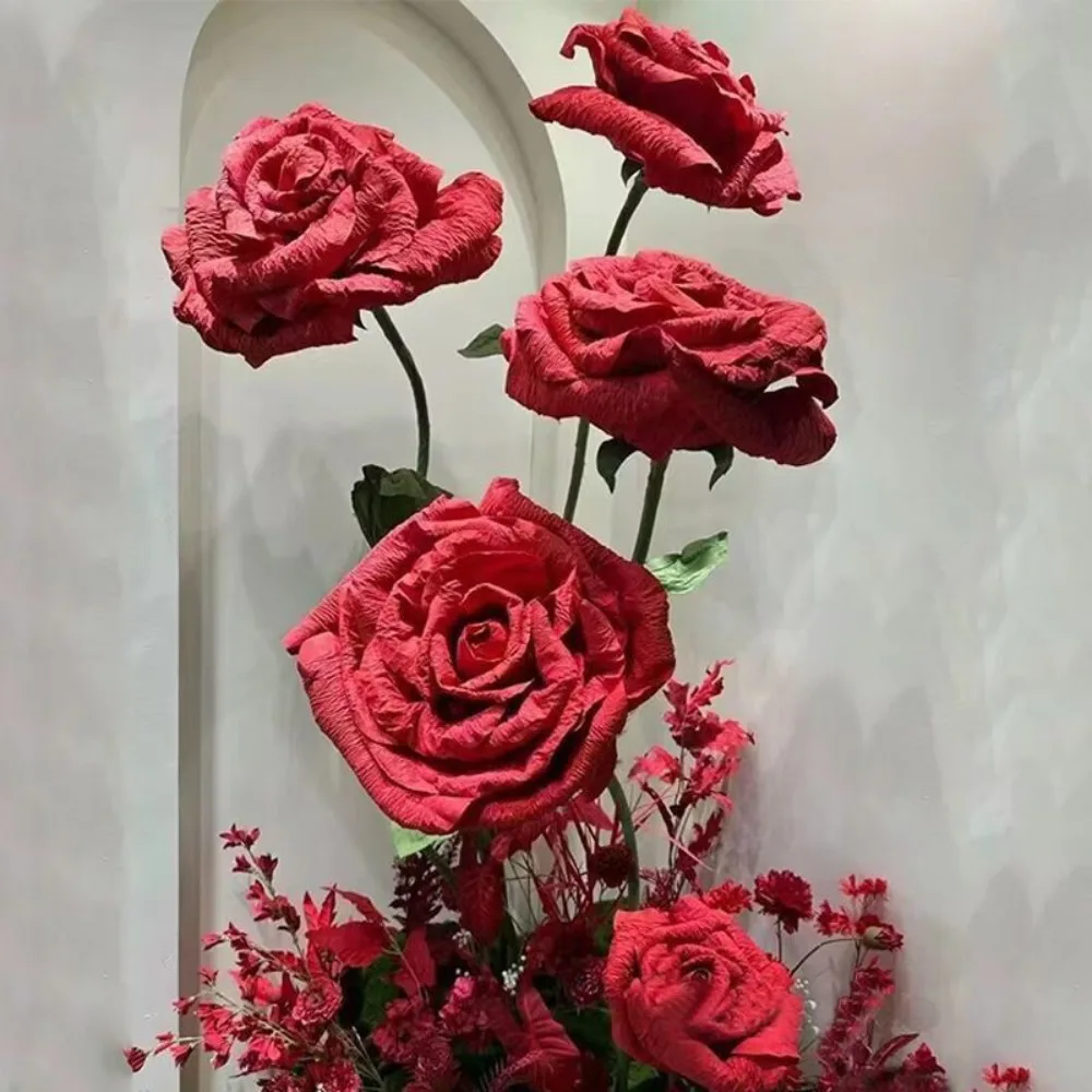 

3PCS Giant Artificial Flowers Red Roses Handmade Crumbled Paper For Weddings Christmas Stages Party Runways Decorations Flower