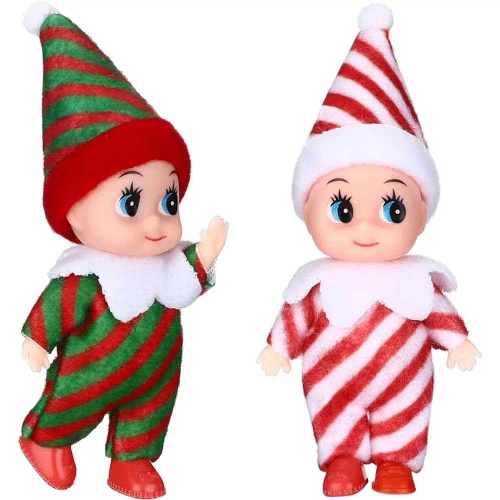 Christmas Elf Doll Small Baby Twins in Bib Pants and Bodysuit Miniature Accessories Green and Red Elf Boy and Girl Toy Suitable