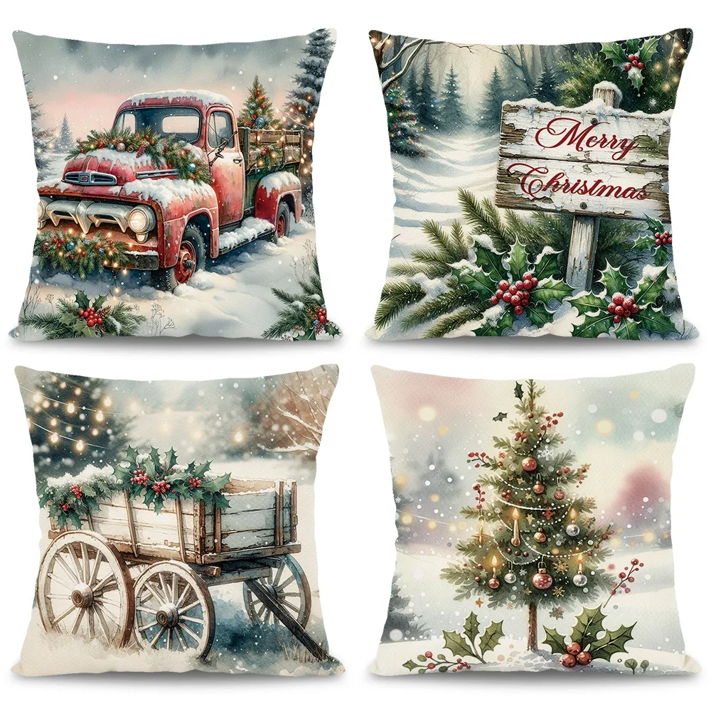 1pc/4pcs Silver Christmas Pillowcase Silver Snow Day Truck Christmas Tree Cushion Cover Winter Vintage Oil Painting Pillowcase