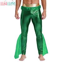 Mens Halloween King of the Seas Costume Elastic Waist Metallic Shiny Fishscale Print Mermaid Leggings Pants for Carnival Party