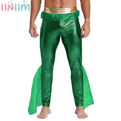 Mens Halloween King of the Seas Costume Elastic Waist Metallic Shiny Fishscale Print Mermaid Leggings Pants for Carnival Party