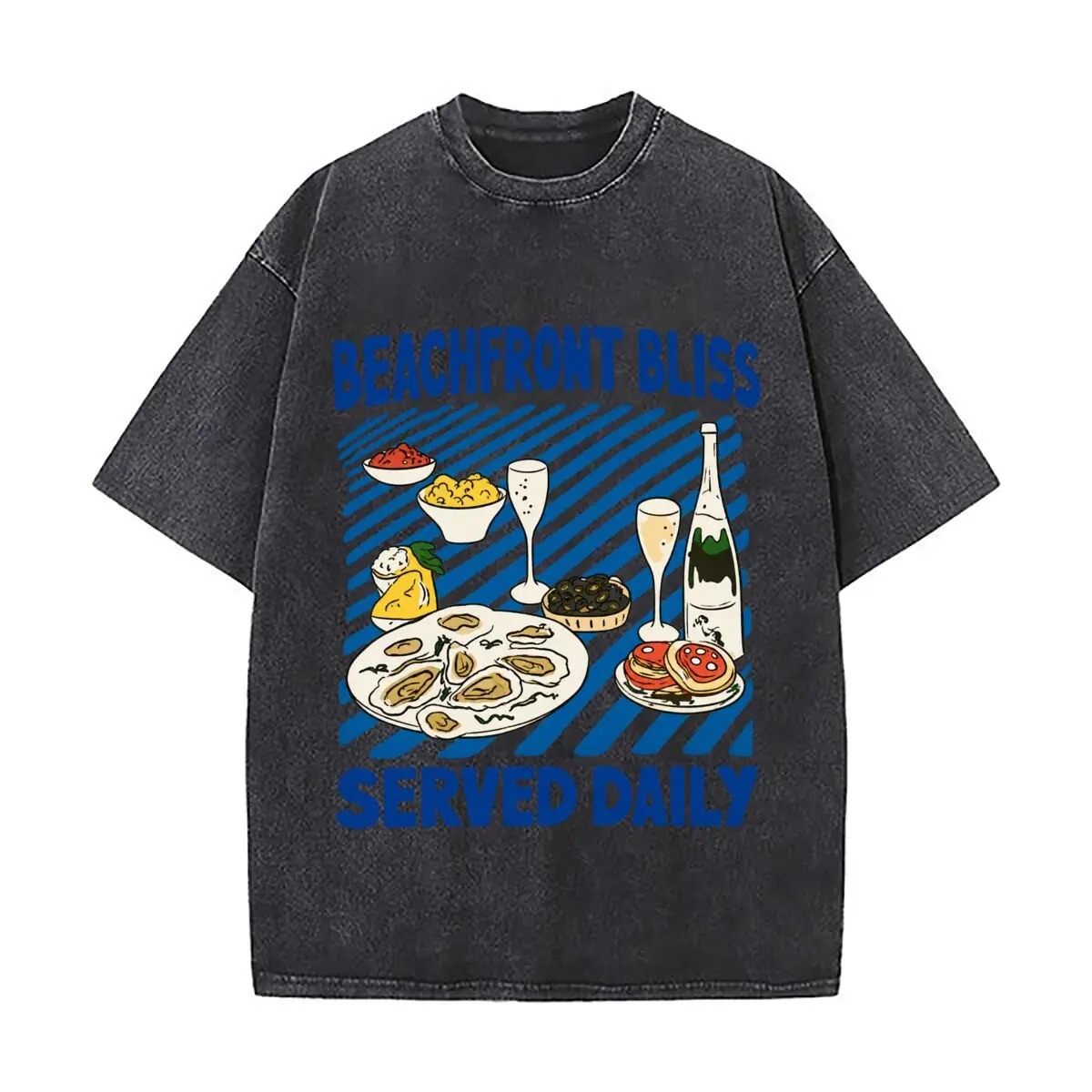 Beachfront Bliss Served Daily Mediterranean Seafood Champagne Pizza Graphic Vintage Distressed Loose Streetwear Tops