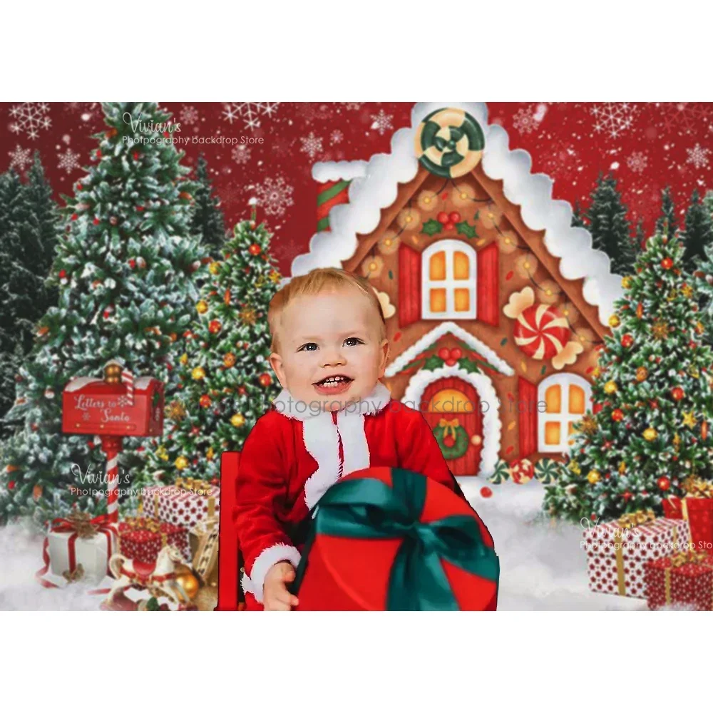 Fondo de casa de dulces de Navidad, accesorios de fotografía para niños, árbol de juguete, escena nevada, retrato familiar, estudio fotográfico para niños y bebés
