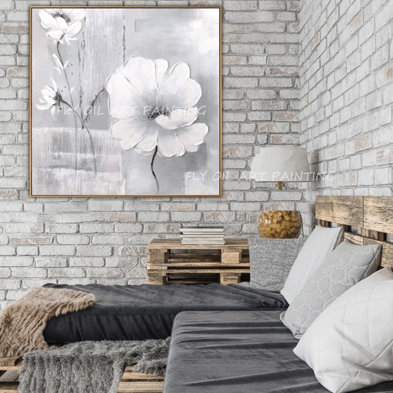 

100% hand painted white flower simple pure square landscape Oil Paintings for Living Room Home Decoration Frameless