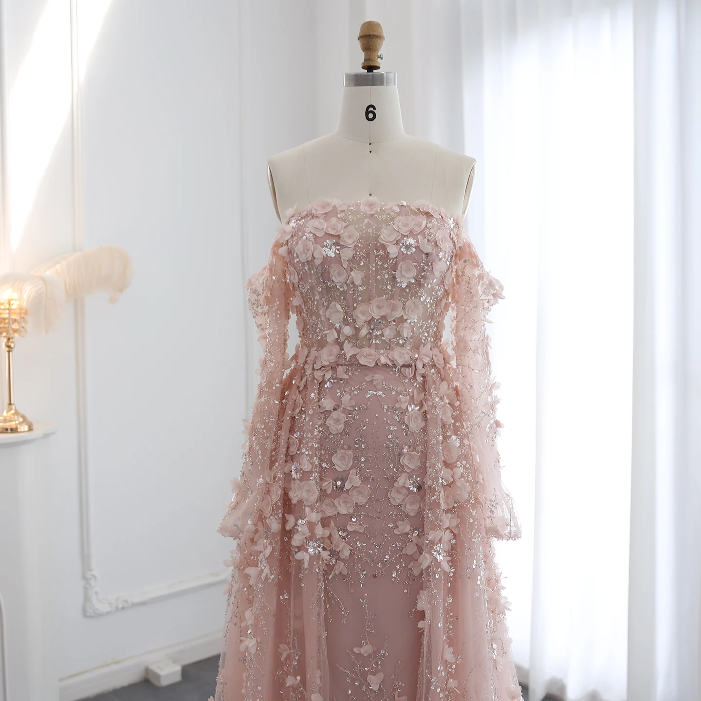 Sharon Said Elegant 3D Flowers Dubai Evening Dress with Overskirt Lilac Long Sleeves Women Wedding Party Gown SS352 Customized image 3