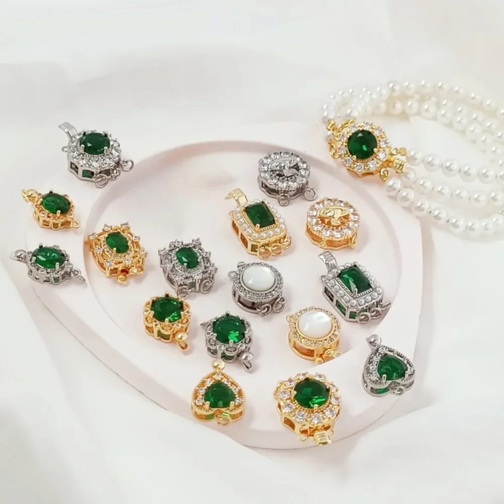 

18K Gold-plated White K Zirconium Emerald Inlaid Mother-of-pearl Single-row Double-row Triple-row Insert Clasp DIY Finish Clasp