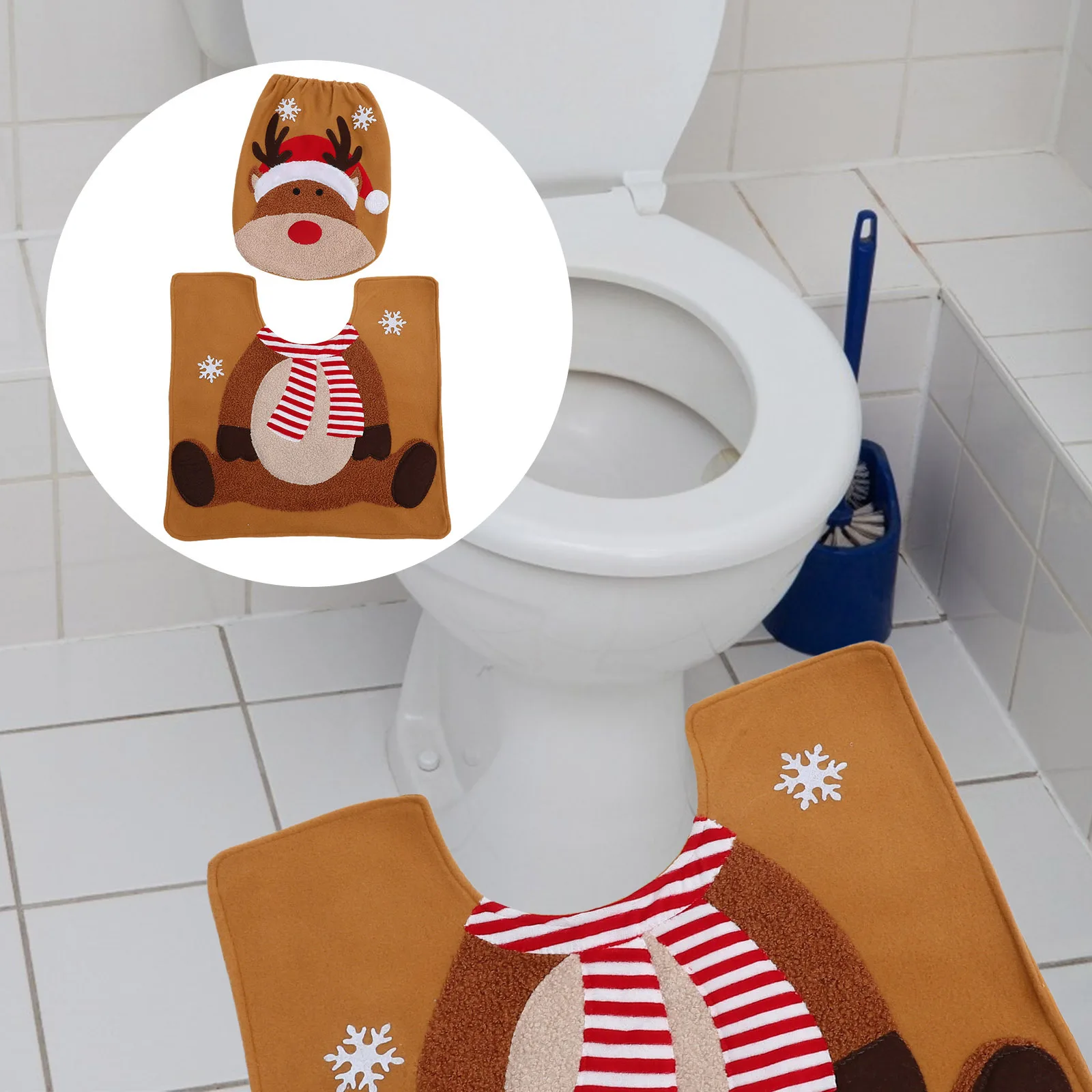 

Xmas Toilet Floor Mat Set Elk Design Delicate Appearance Practical Home Bathroom Decoration Long Lasting Convenience Simple