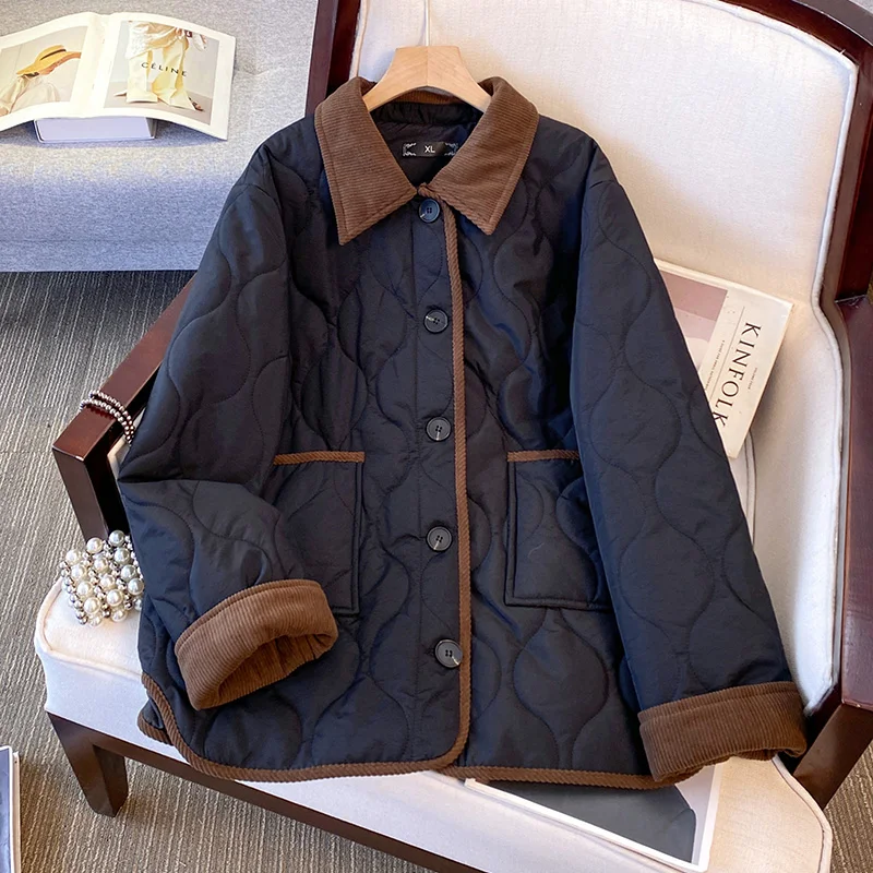 

Plus size, autumn and winter clothing, front shoulder cotton jacket with added fluff, thick cotton jacket 3468