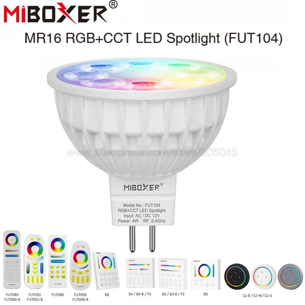 

MiBoxer MR16 4W RGB+CCT LED Bulb Spotlight FUT104 AC/DC12V Full Color Remote Control Smart Bulb WiFi Compatible w/ 4-Zone Remote