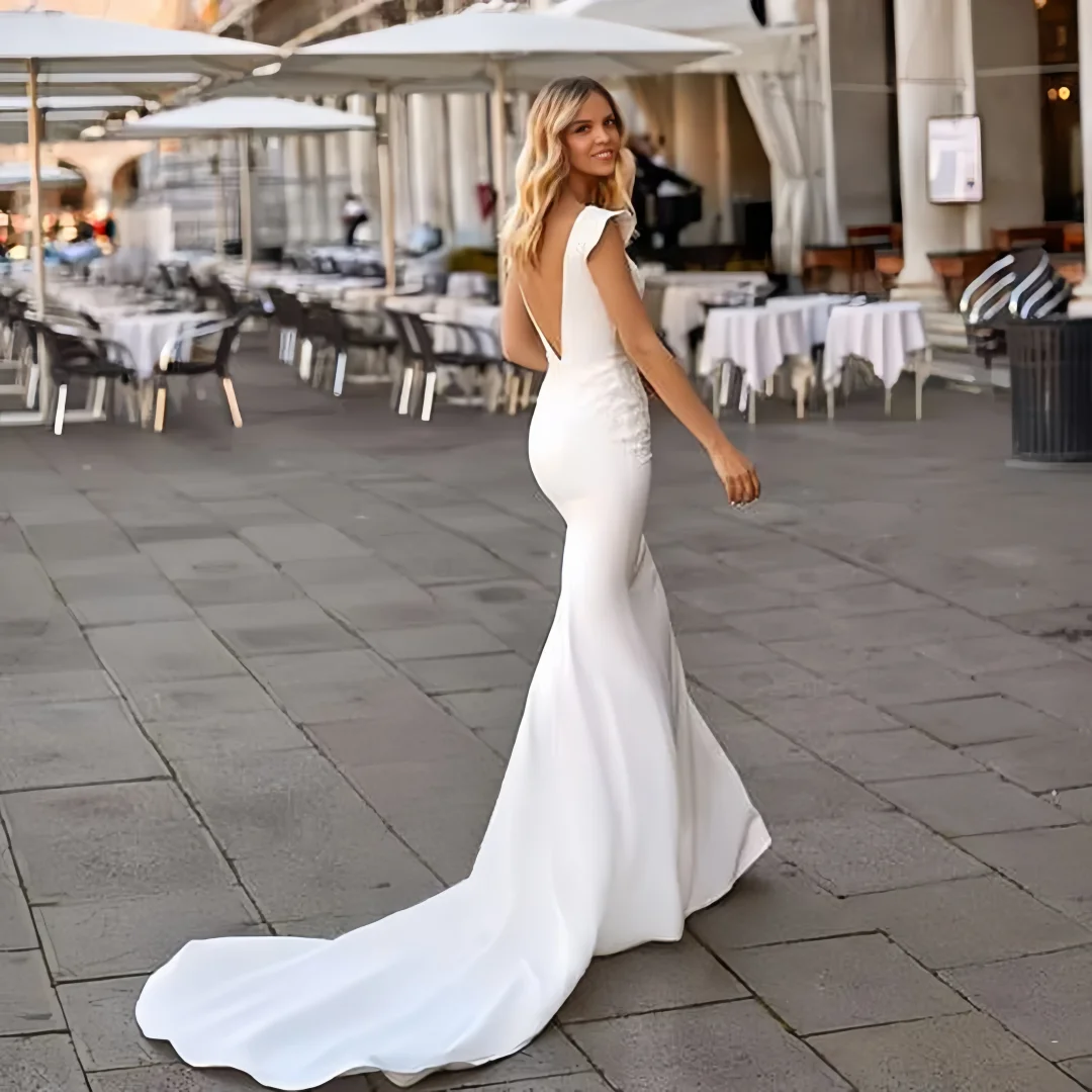 Customized Grace Modern Deep V-Neck Wedding Dress Cap Sleeves Lace Applique Mermaid Bride Gown Backless Train vestido de novia