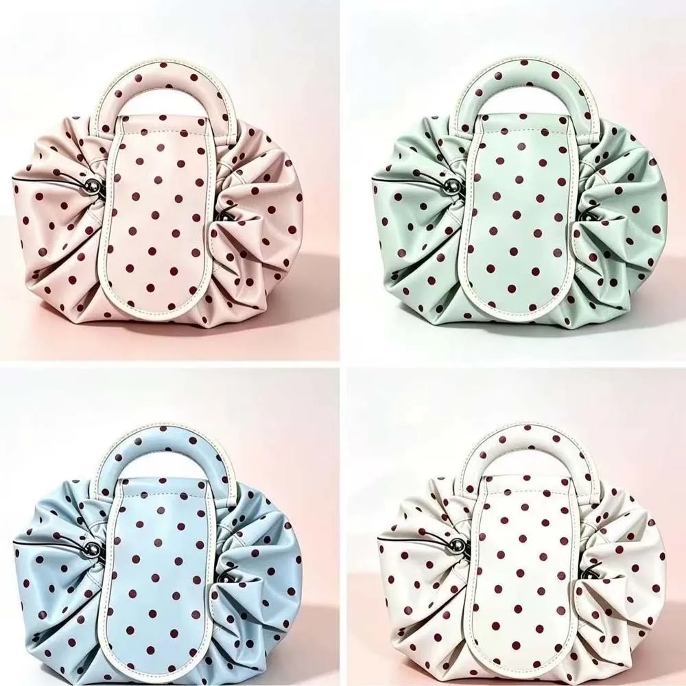 Waterproof Drawstring Makeup Pouch Portable Washable Lazy Travel Organizer Foldable Lightweight Polka Dot Cosmetic Bag Travel