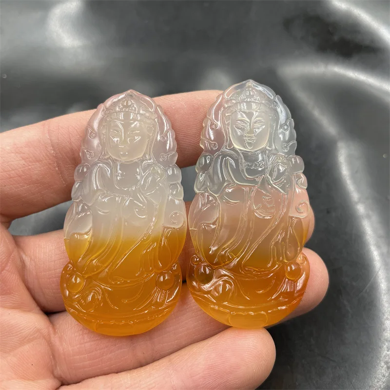 Cheap Jade Pretty Yellow Chalcedony Agate Big Avalokitesvara Pendant Half Yellow Agate Station Guanyin Flame Guanyin