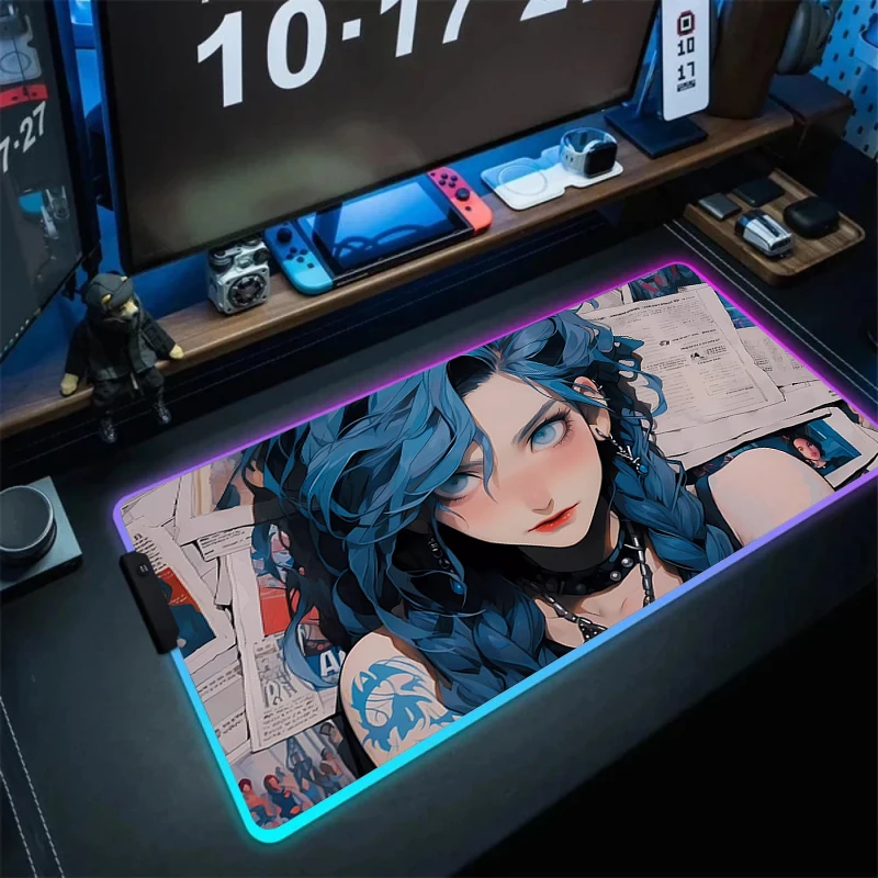 High Quality L-league of Legends Jinx Gaming LED Mouse Pad Laptop Gamer RGB Mousepad Cool Anime Antislip Mat Keyboard Desk Mats