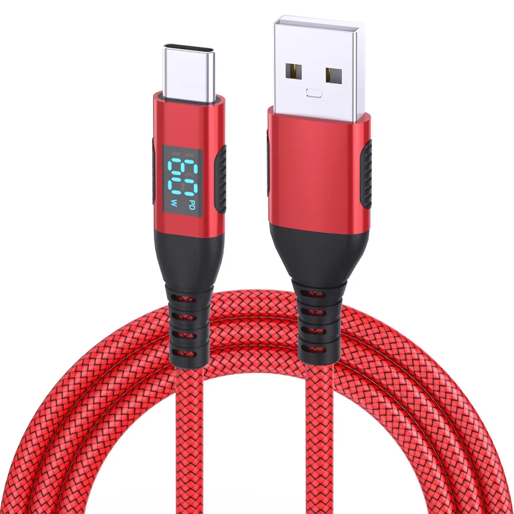 Câble USB vers Type C 60W, 1 pièce, haute qualité, charge rapide, fil de chargeur, affichage LED, pour ordinateur portable Xiaomi Samsung, cordon USB C 1M 2M 3M