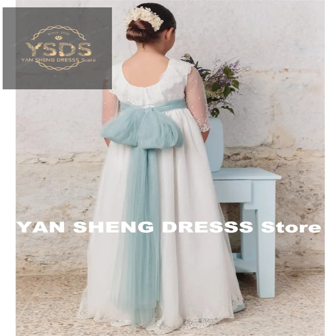 White Lace Appliques With Bow Ribbon Half Sleeves For Wedding Birthday Party Banquet Princess Gowns Flower Girl Dresses