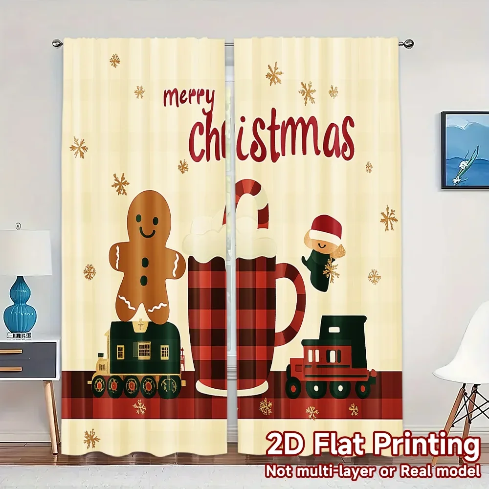 2pcs,Curtains Cute Gingerbread Train Christmas Card Popular Contemporary Curtains Polyester Curtains Decorations For Home