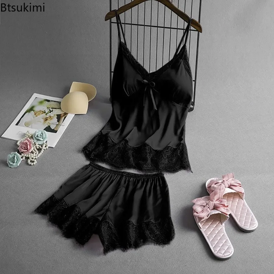 

2024 Summer Women's Fashion Lace Sexy Pajama Sets Sling Bow Top and Shorts Milk Silk Sleepwear Two Piece Set Ladies Home Clothes