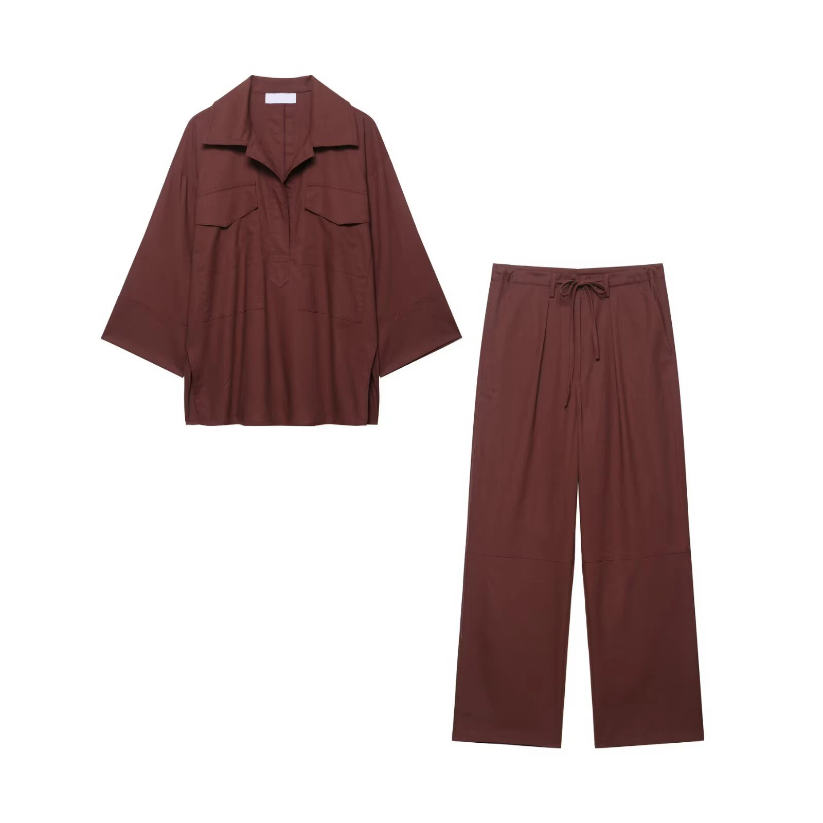 

Autumn New Solid Pullover Blouse 2 Piece Sets Women Turndown Collar Short Sleeve Shirt Simple Casual Vintage Drawstring Pant Set