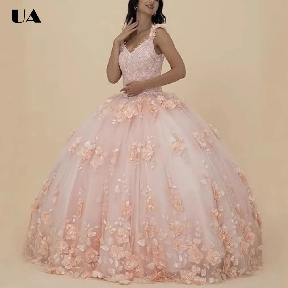 

ULBYANRY Customized Mesh A-line Appliqued Sweet 15 Dress, Romantic 3D Flower Quinceanera Dress, Elegant Solid Lace-up Ball Gown